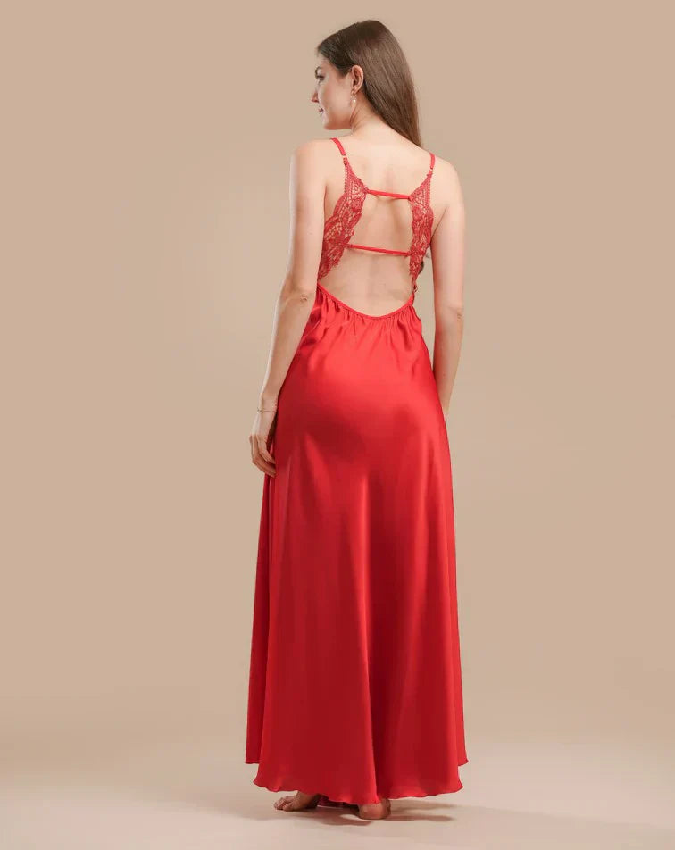Long Night Dress Satin &amp; Lace - Red