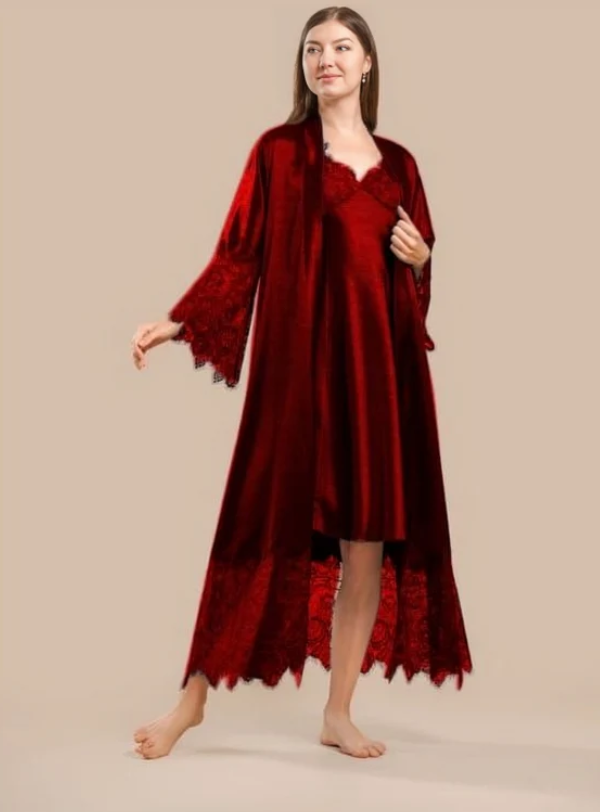 Long Satin &amp; Lace Nightdress &amp; Robe Set - Maroon