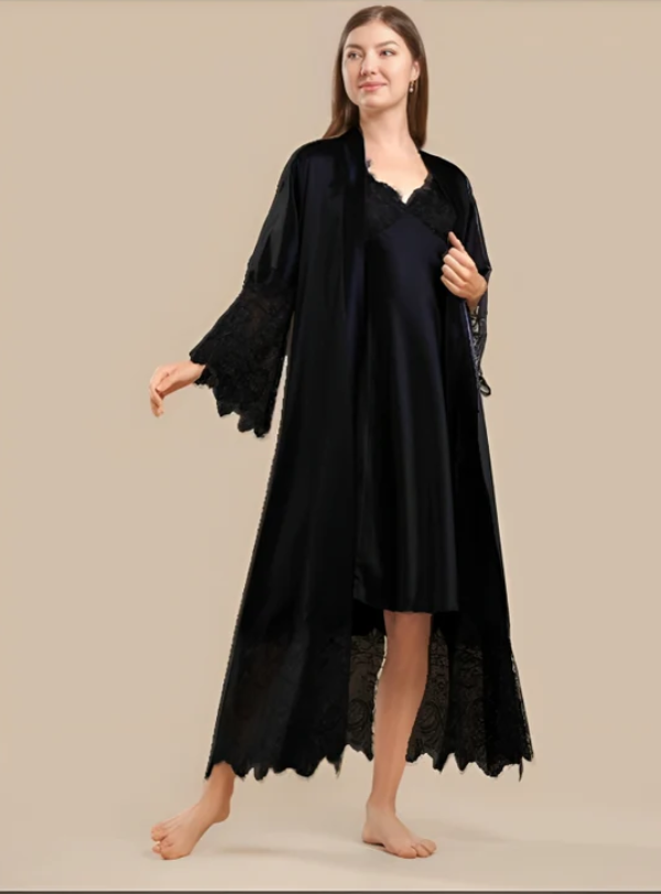 Long Satin &amp; Lace Nightdress &amp; Robe Set - Black