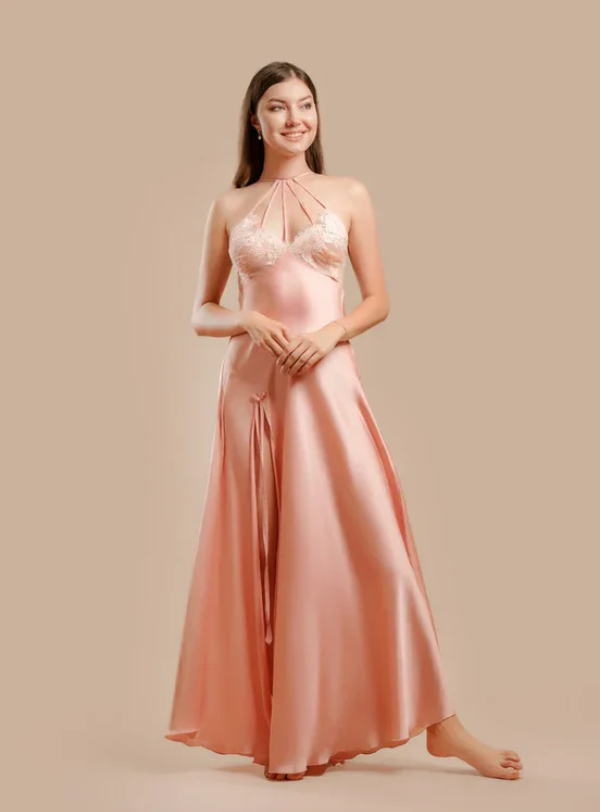Long Night Dress Satin & Lace - Pink