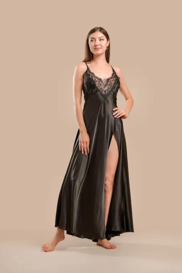 Long Night Dress Satin &amp; Lace - Black