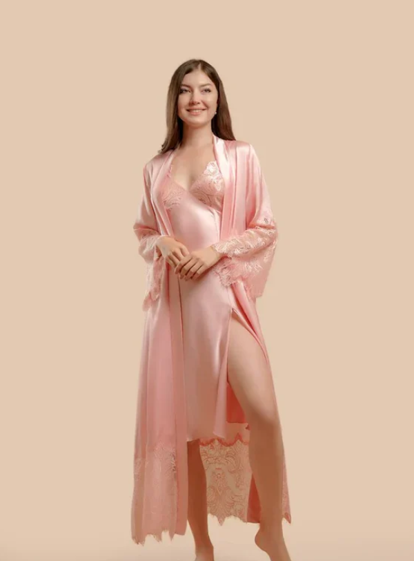 Long Satin &amp; Lace Nightdress &amp; Robe Set - Pink