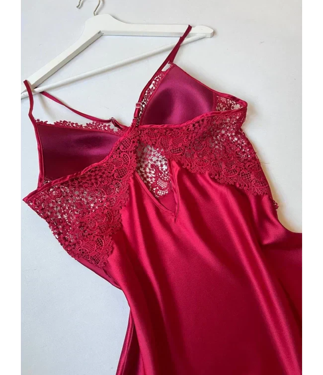 4Pcs Silk Turkish Guipure Detail Nighty Set Maroon