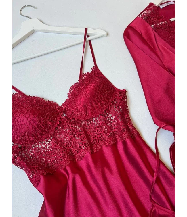 4Pcs Silk Turkish Guipure Detail Nighty Set Maroon