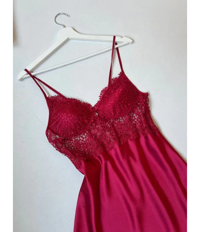 4Pcs Silk Turkish Guipure Detail Nighty Set Maroon