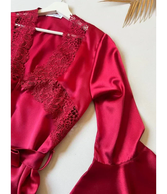4Pcs Silk Turkish Guipure Detail Nighty Set Maroon