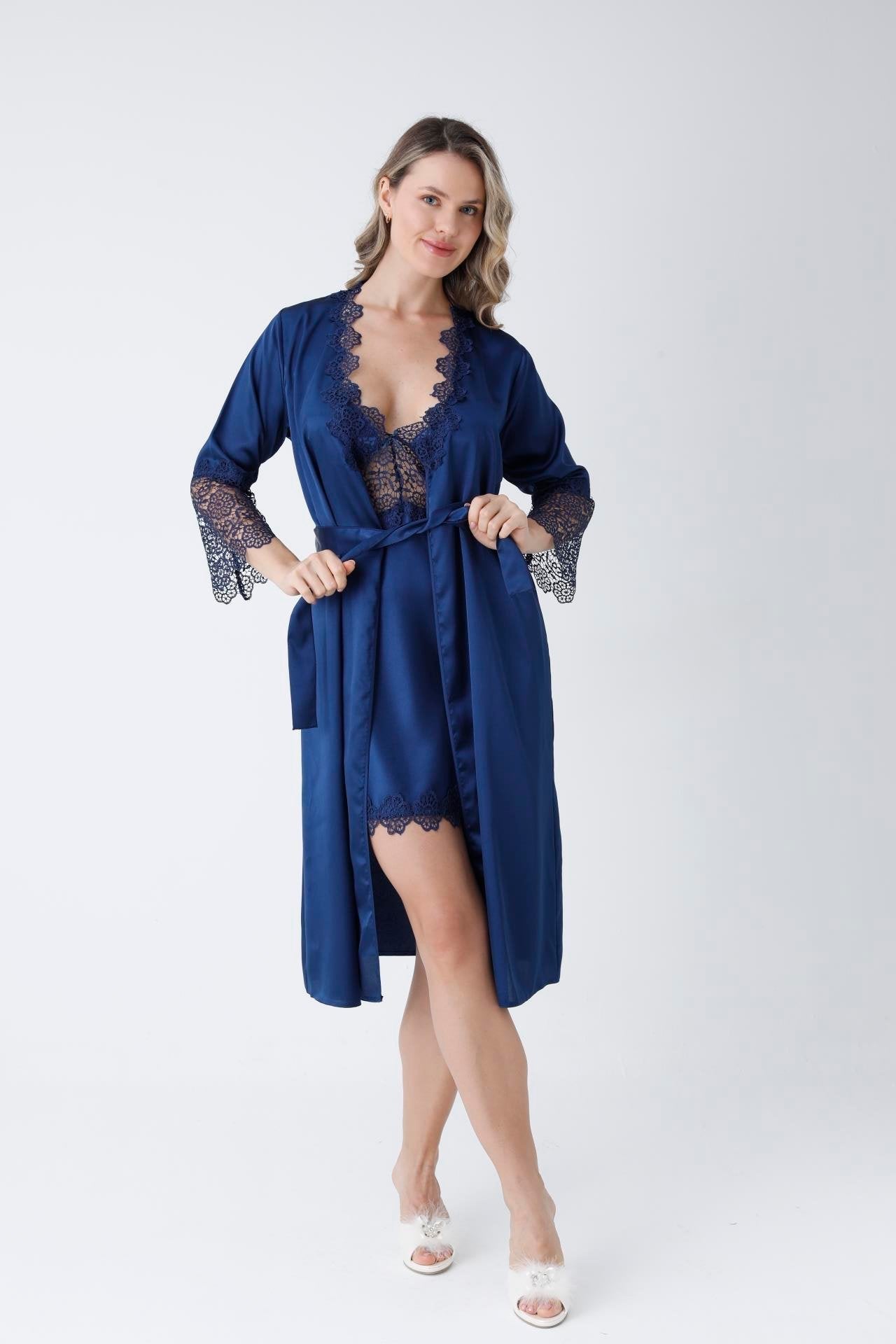 Satin Navy Blue Nightgown Set